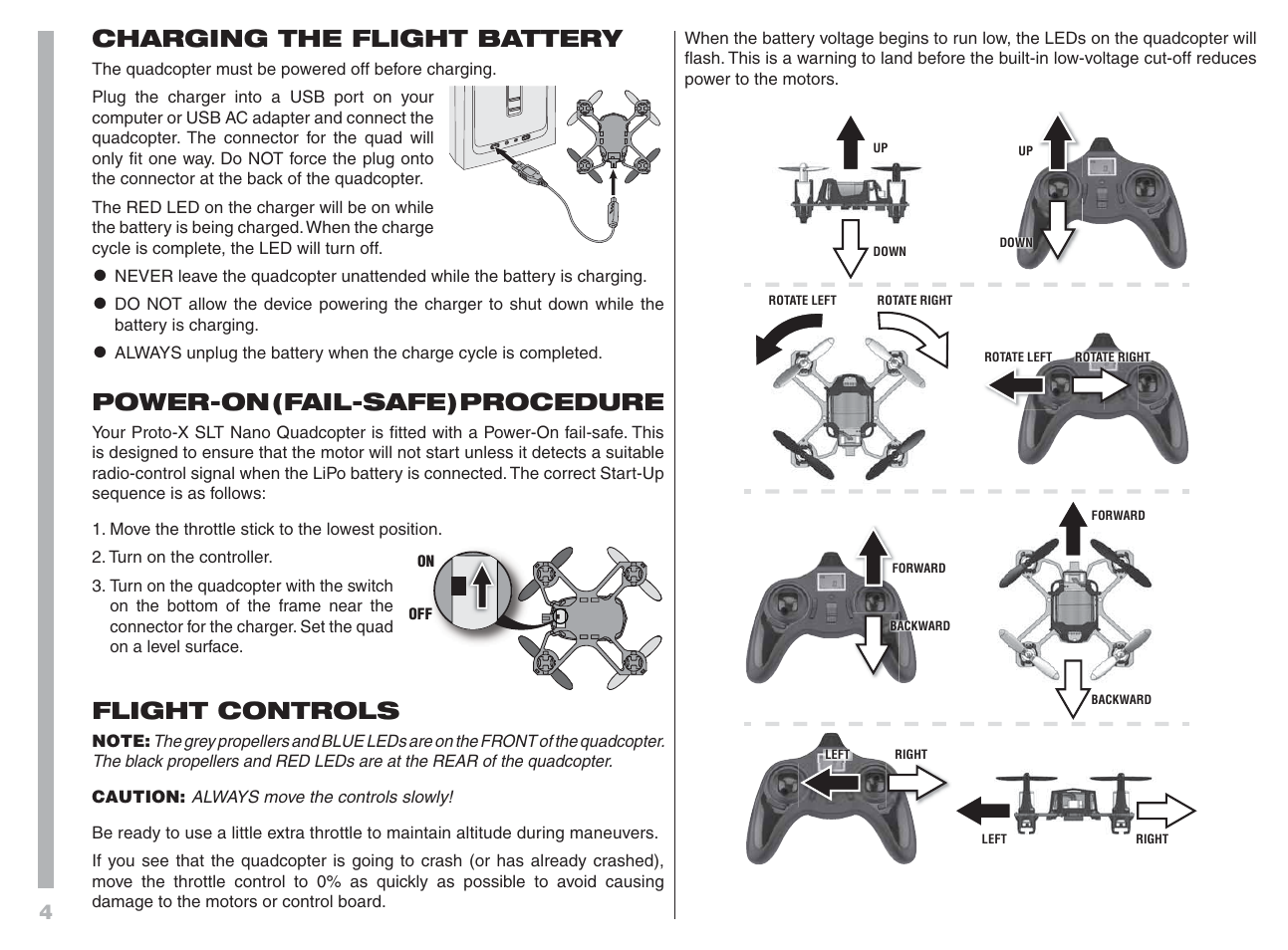 Charging the flight battery, Power-on (fail-safe) procedure, Flight controls | Proto-X SLT User Manual | Page 4 / 8