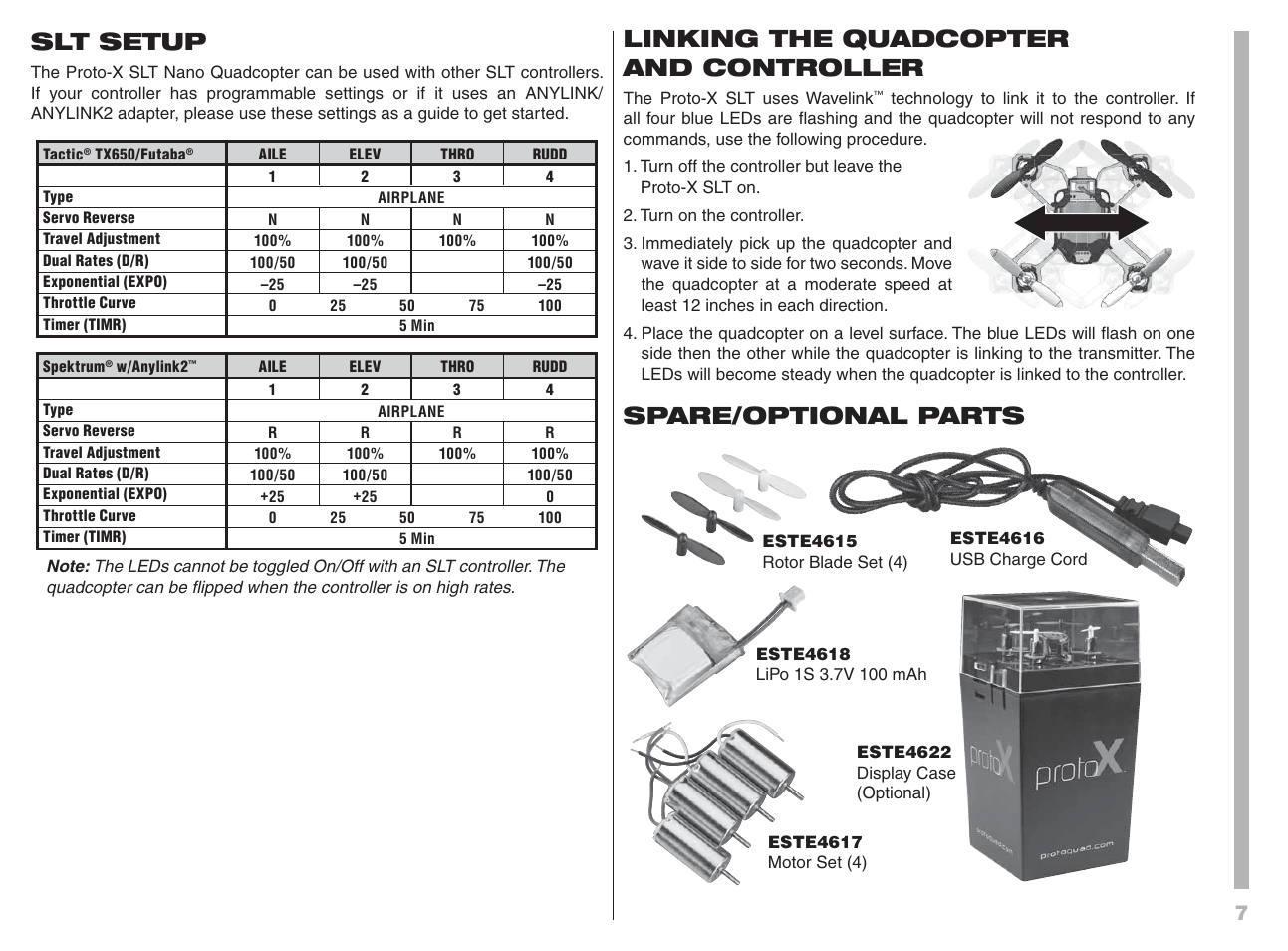 Slt setup, Linking the quadcopter and controller, Spare/optional parts | Proto-X SLT User Manual | Page 7 / 8