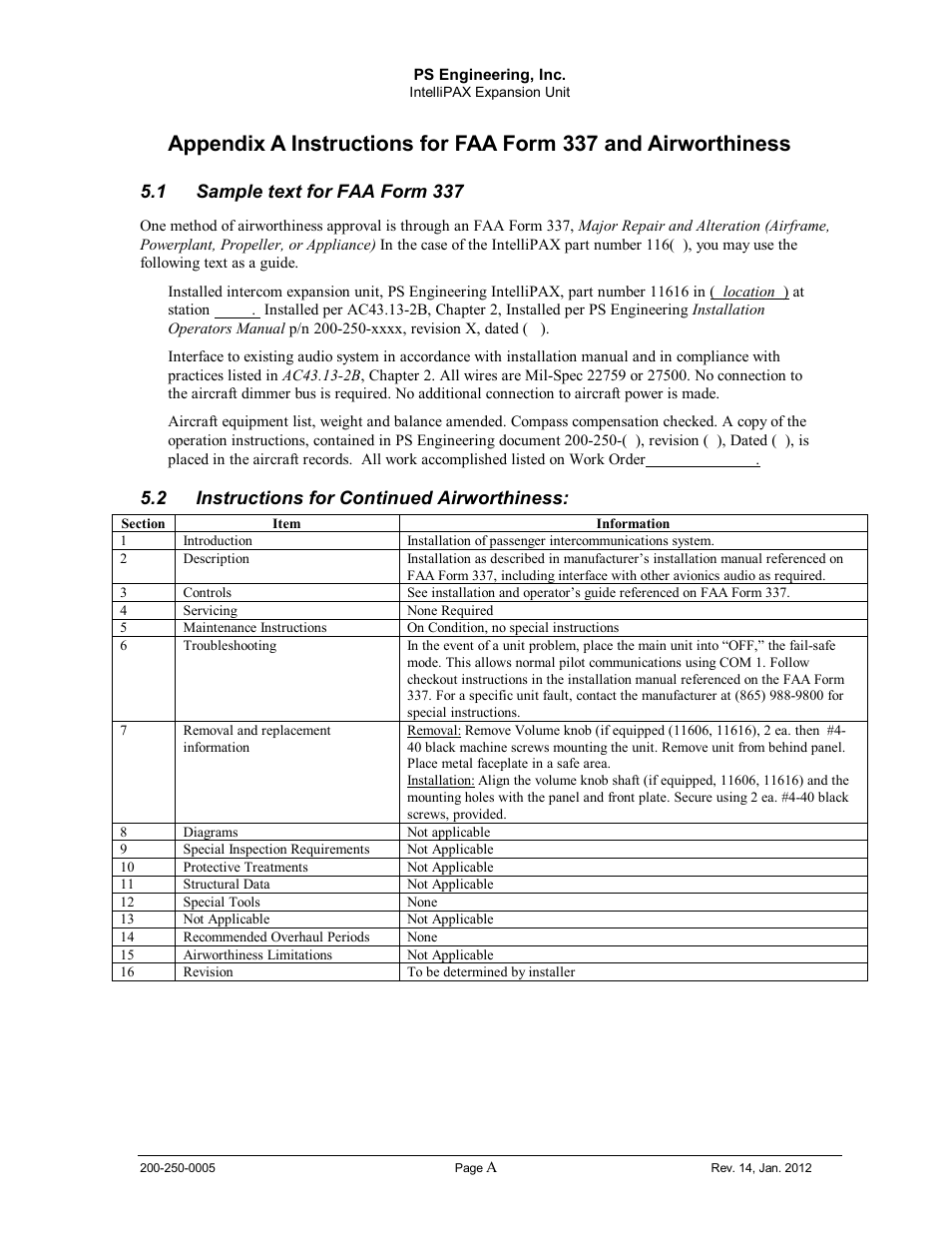 Sample text for faa form 337, Instructions for continued airworthiness, Ample text for | Nstructions for, Ontinued, Irworthiness, 1 sample text for faa form 337, 2 instructions for continued airworthiness | PS Engineering 116X6 User Manual | Page 10 / 14