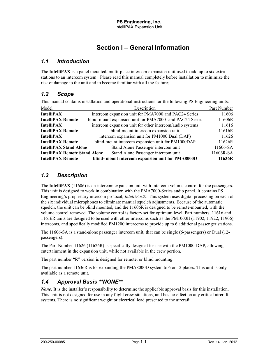 Section i – general information, Introduction, Scope | Description, Approval basis **none, Ntroduction, Cope, Escription, Pproval, Asis | PS Engineering 116X6 User Manual | Page 3 / 14