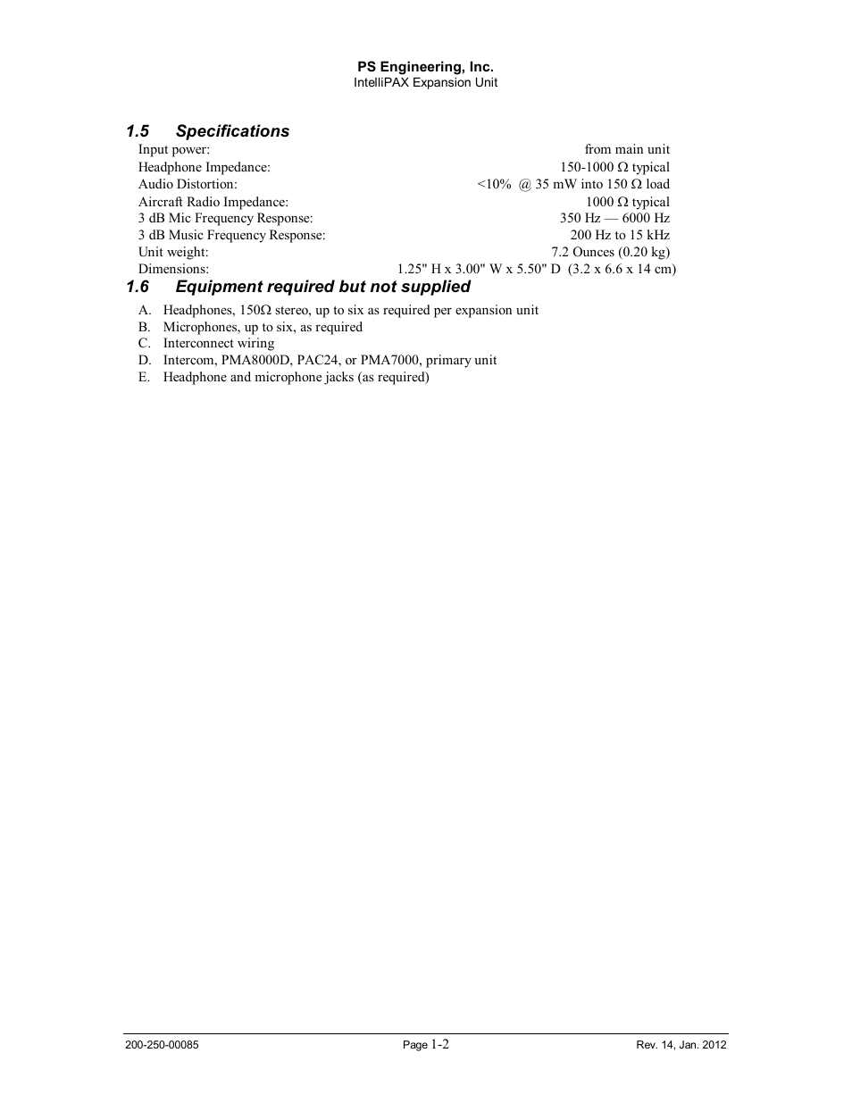 Specifications, Equipment required but not supplied, Pecifications | Quipment required but not supplied | PS Engineering 116X6 User Manual | Page 4 / 14