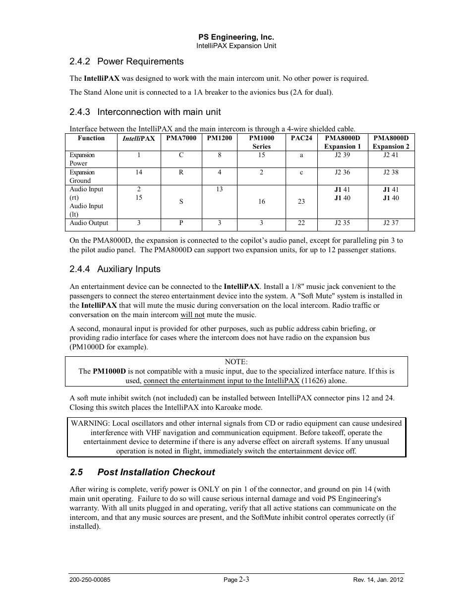 Power requirements, Interconnection with main unit, Auxiliary inputs | Post installation checkout, Ower, Equirements, Nterconnection with main unit, Uxiliary, Nputs, Nstallation | PS Engineering 116X6 User Manual | Page 7 / 14