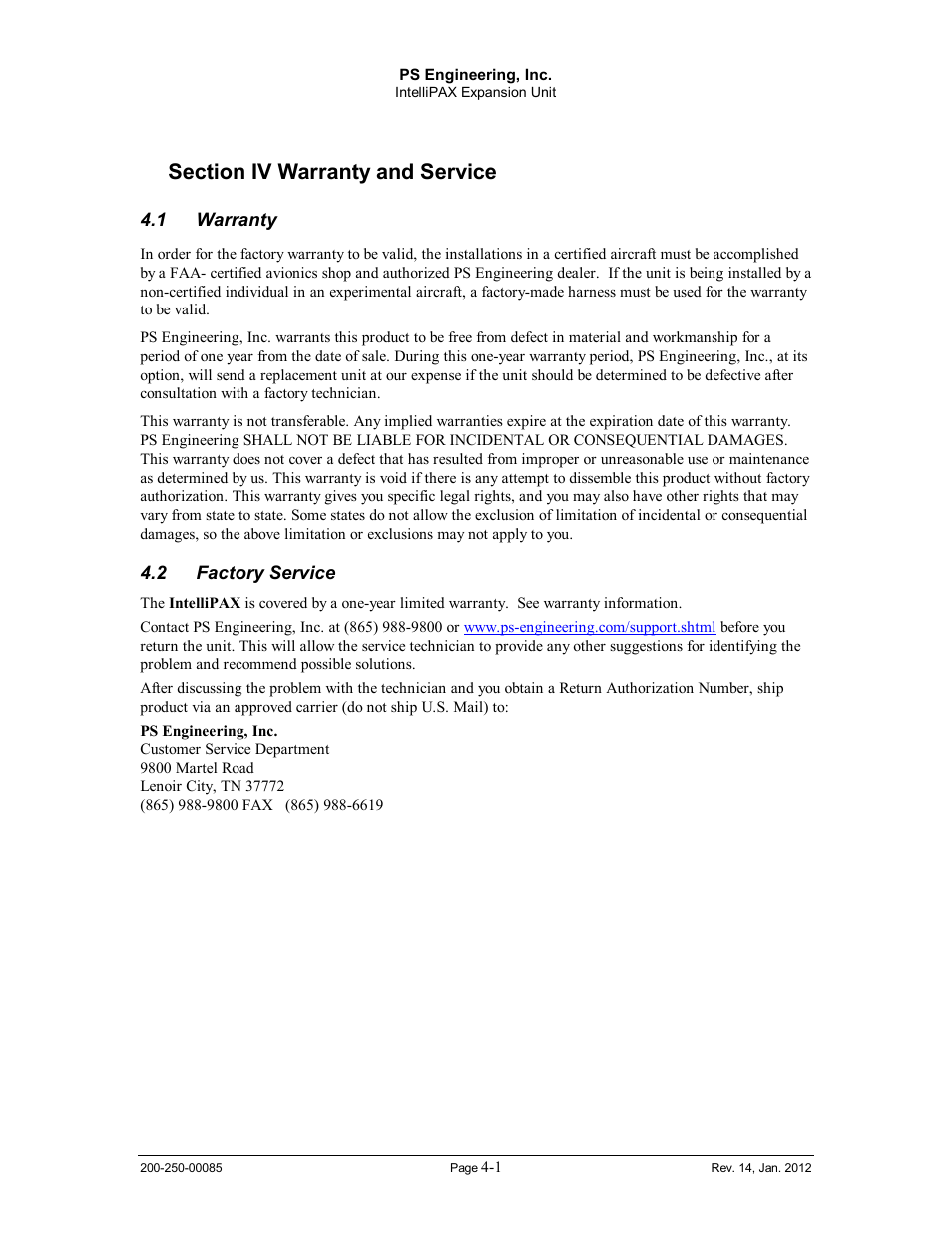 Section iv warranty and service, Warranty, Factory service | Arranty, Actory, Ervice | PS Engineering 116X6 User Manual | Page 9 / 14