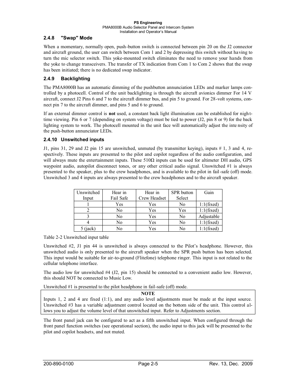 Swap" mode, Backlighting, Unswitched inputs | Acklighting, Nswitched inputs | PS Engineering PMA8000B Installation Manual User Manual | Page 12 / 40