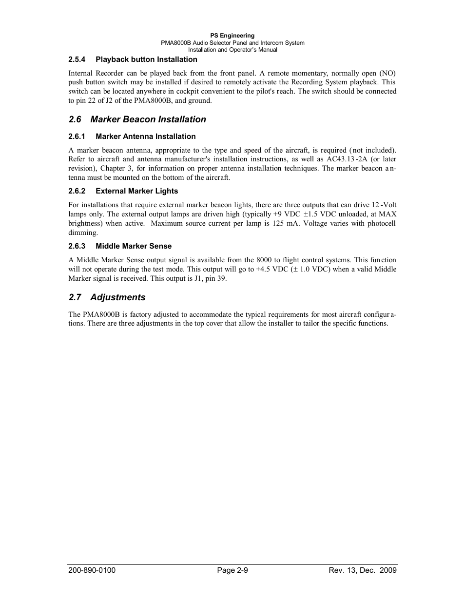 Playback button installation, Marker beacon installation, Marker antenna installation | External marker lights, Middle marker sense, Adjustments, Layback button, Nstallation, Arker, Eacon | PS Engineering PMA8000B Installation Manual User Manual | Page 16 / 40