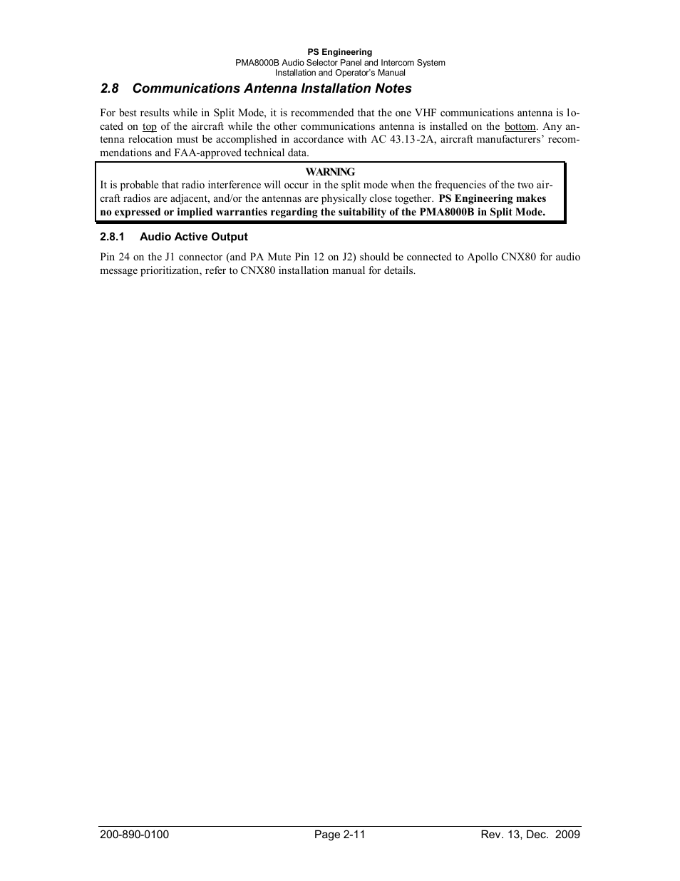 Communications antenna installation notes, Audio active output, Ommunications | Ntenna, Nstallation, Otes, Udio, Ctive, Utput | PS Engineering PMA8000B Installation Manual User Manual | Page 18 / 40