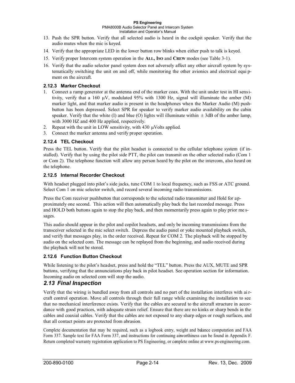 Marker checkout, Tel checkout, Internal recorder checkout | Function button checkout, Final inspection, Arker, Heckout, Nternal, Ecorder, Unction | PS Engineering PMA8000B Installation Manual User Manual | Page 21 / 40