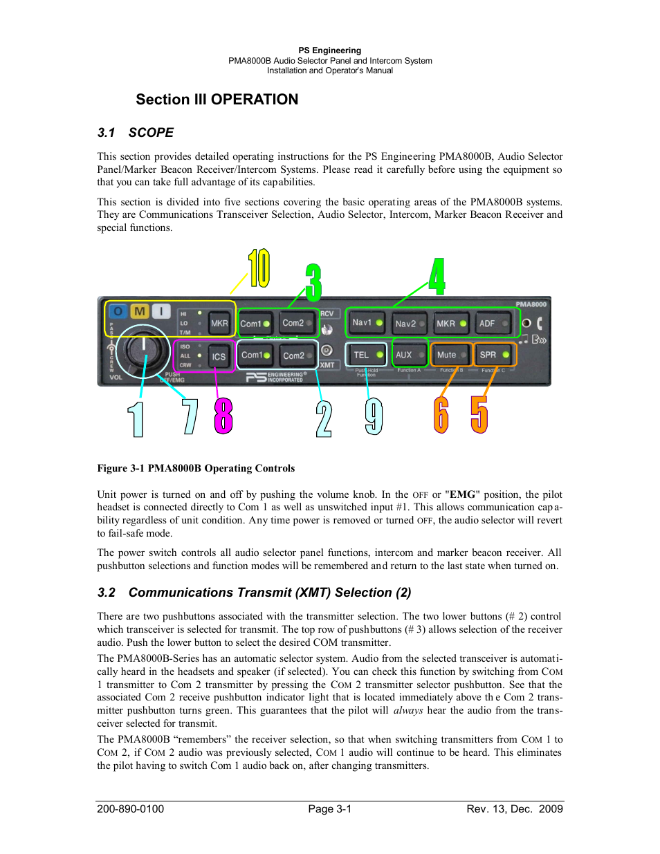 Section iii operation, Scope, Communications transmit (xmt) selection (2) | Section iii operation -1, Scope -1, Ommunications, Ransmit, Xmt), Election | PS Engineering PMA8000B Installation Manual User Manual | Page 22 / 40
