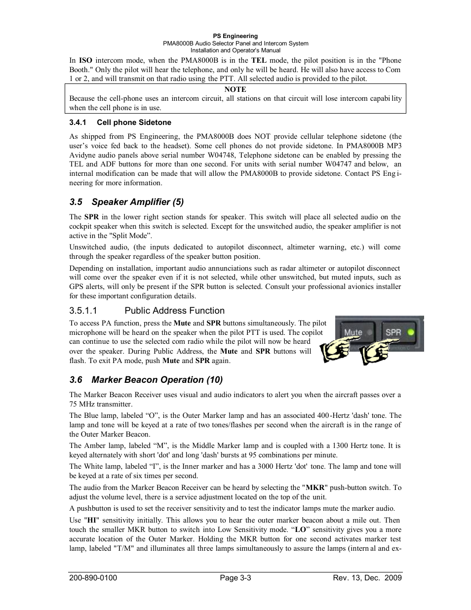 Cell phone sidetone, Speaker amplifier (5), Marker beacon operation (10) | Peaker, Mplifier, Arker, Eacon, Peration | PS Engineering PMA8000B Installation Manual User Manual | Page 24 / 40