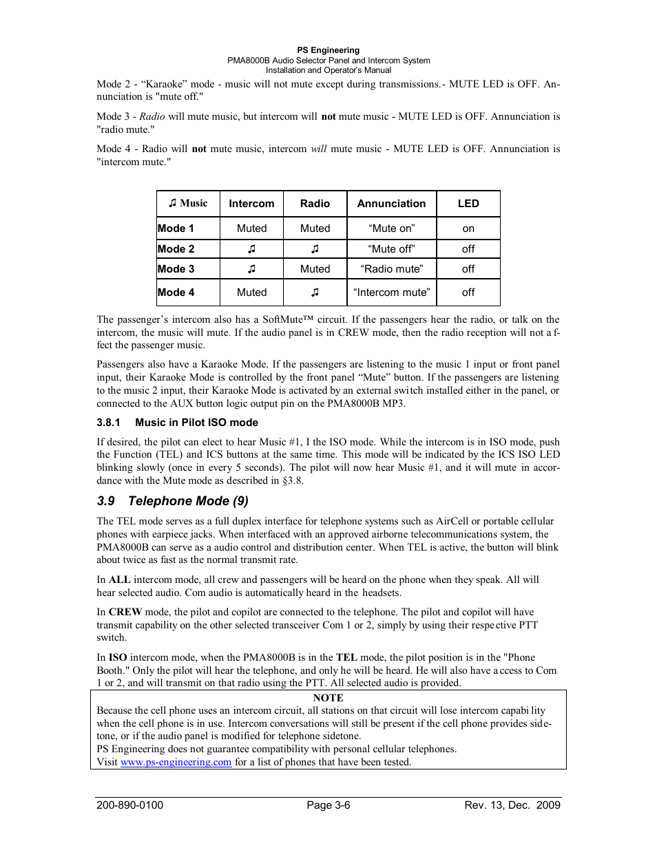Music in pilot iso mode, Telephone mode (9), Elephone | PS Engineering PMA8000B Installation Manual User Manual | Page 27 / 40