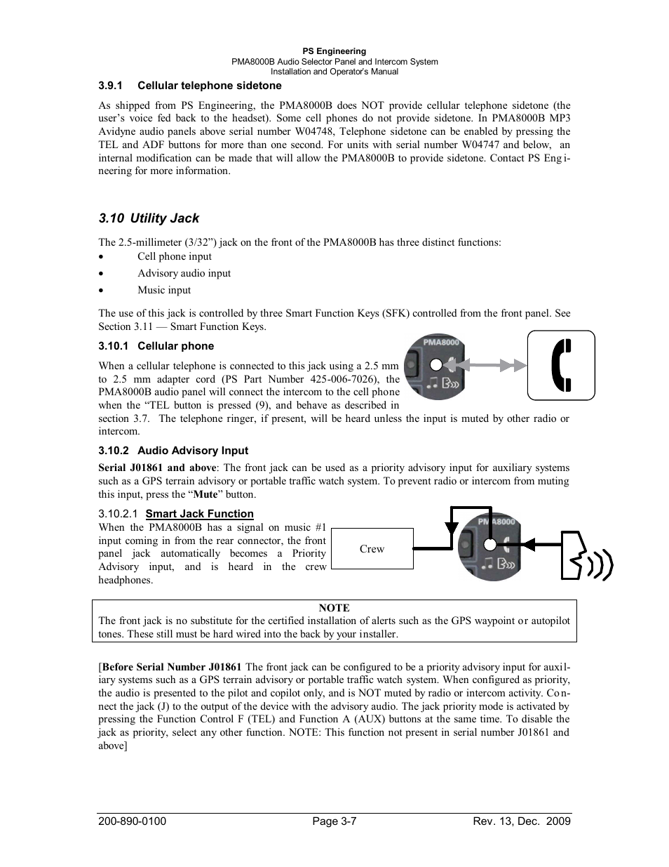 Cellular telephone sidetone, Utility jack, Cellular phone | Audio advisory input, Tility, Ellular phone, Udio, Dvisory, Nput | PS Engineering PMA8000B Installation Manual User Manual | Page 28 / 40
