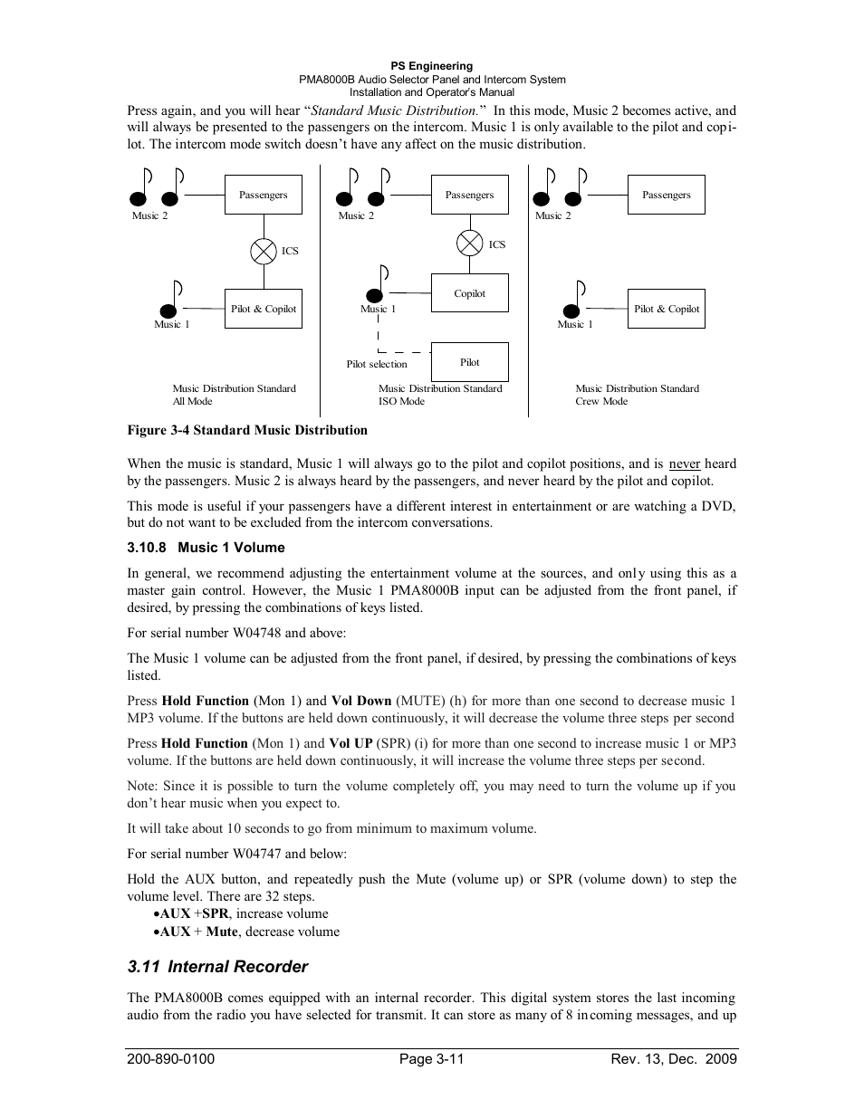 Music 1 volume, Internal recorder, Usic | Olume, Nternal, Ecorder, 11 internal recorder | PS Engineering PMA8000B Installation Manual User Manual | Page 32 / 40