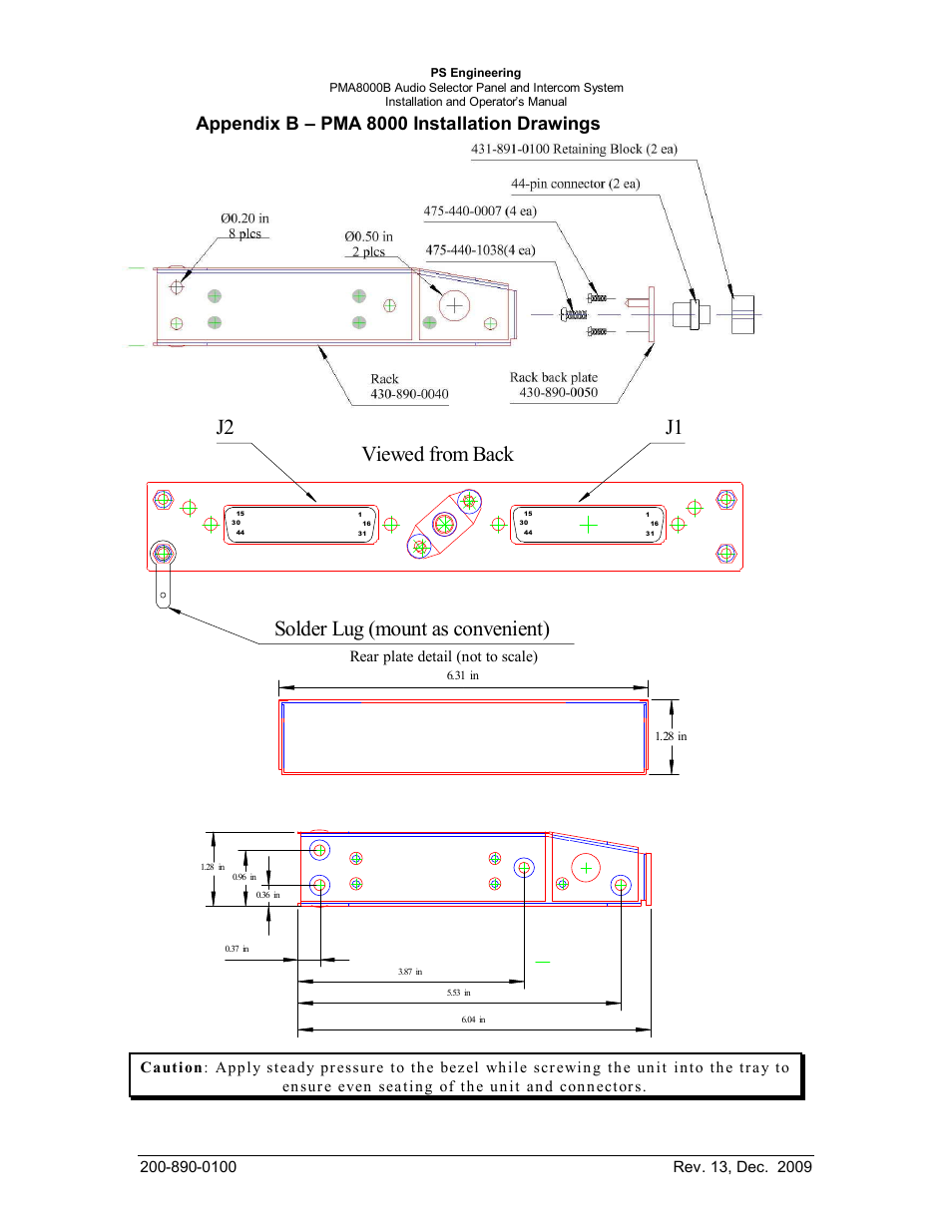 Appendix b – pma 8000 installation drawings, J2 j1 viewed from back, Solder lug (mount as convenient) | Rear plate detail (not to scale) | PS Engineering PMA8000B Installation Manual User Manual | Page 36 / 40