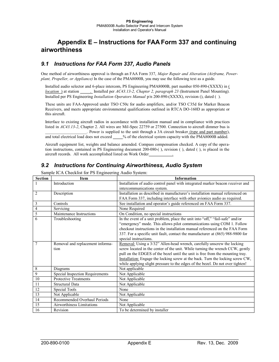 Instructions for faa form 337, audio panels, 1 instructions for faa form 337, audio panels | PS Engineering PMA8000B Installation Manual User Manual | Page 39 / 40