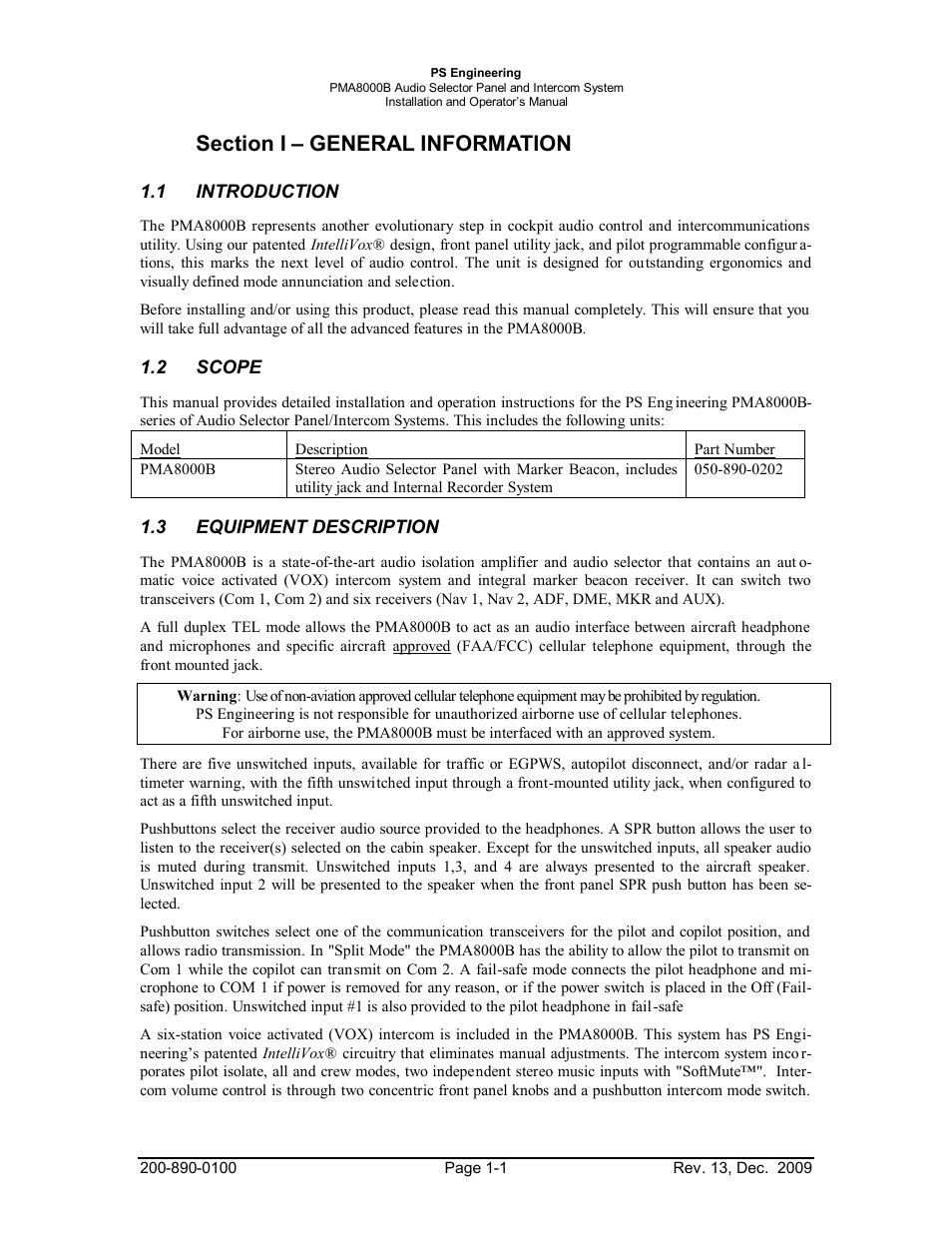 Section i – general information, 1introduction, 2scope | 3equipment description, Section i – general information -1, Introduction -1, Scope -1, Equipment, Description -1 | PS Engineering PMA8000B Installation Manual User Manual | Page 4 / 40