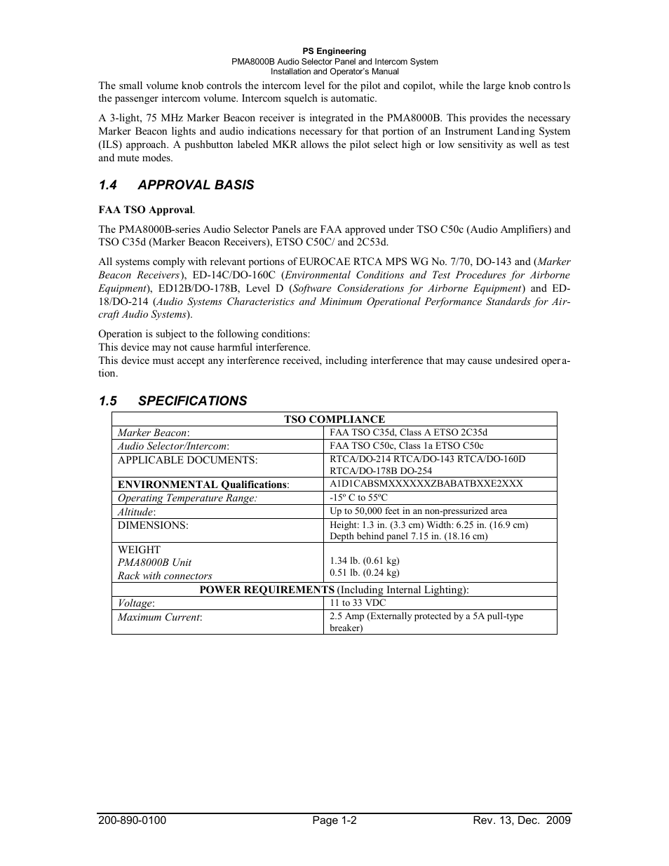 Approval basis, 5specifications, Approval | Basis -2, Specifications -2 | PS Engineering PMA8000B Installation Manual User Manual | Page 5 / 40