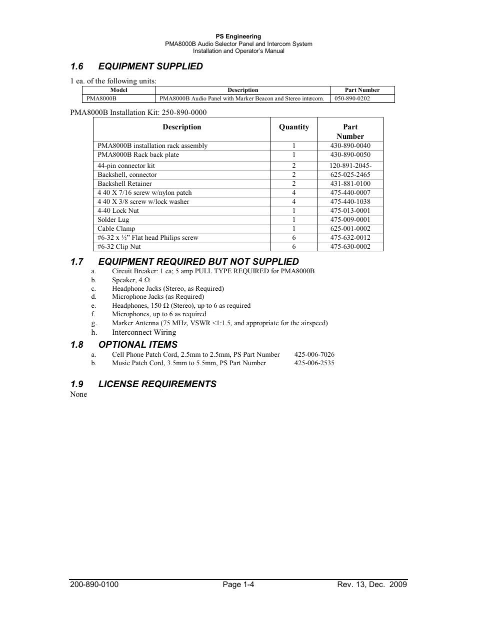 6equipment supplied, 7equipment required but not supplied, Optional items | License requirements, Equipment, Supplied -4, Required, Optional, Items -4, License | PS Engineering PMA8000B Installation Manual User Manual | Page 7 / 40