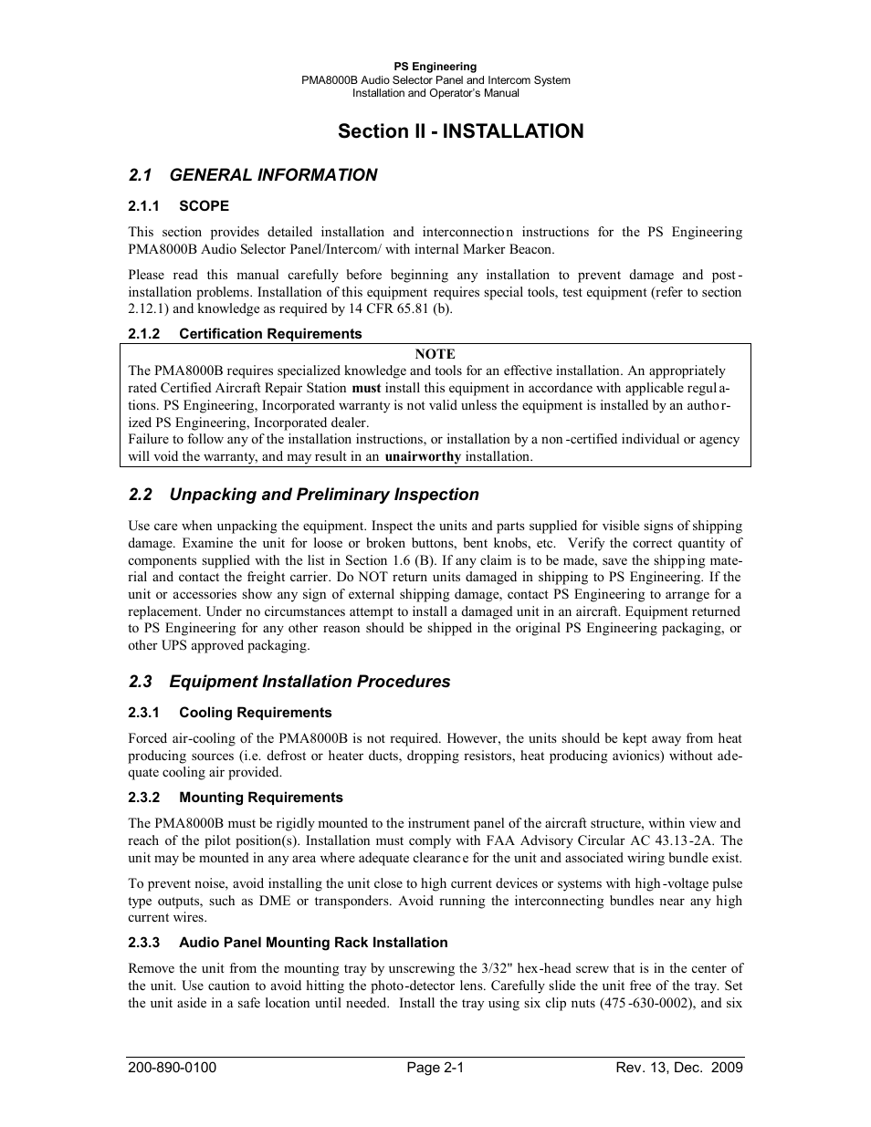 Section ii - installation, General information, Scope | Certification requirements, Unpacking and preliminary inspection, Equipment installation procedures, Cooling requirements, Mounting requirements, Audio panel mounting rack installation, Section ii - installation -1 | PS Engineering PMA8000B Installation Manual User Manual | Page 8 / 40