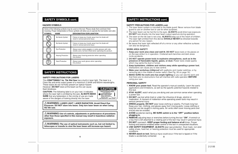 Safety instructions, Safety symbols cont, Safety instructions cont | Craftsman 118.22000 User Manual | Page 3 / 15