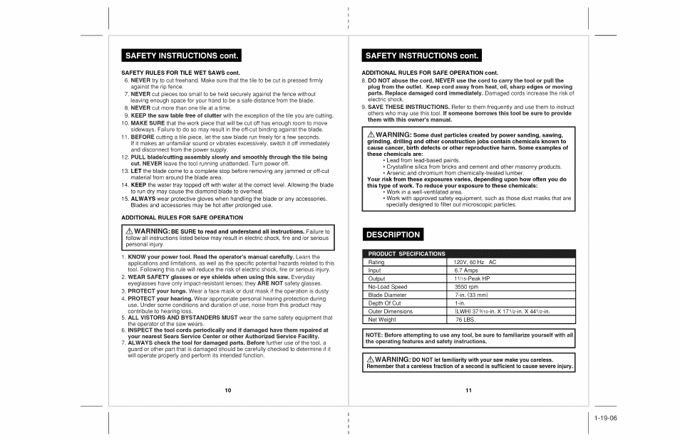 Description, Safety instructions cont | Craftsman 118.22000 User Manual | Page 6 / 15