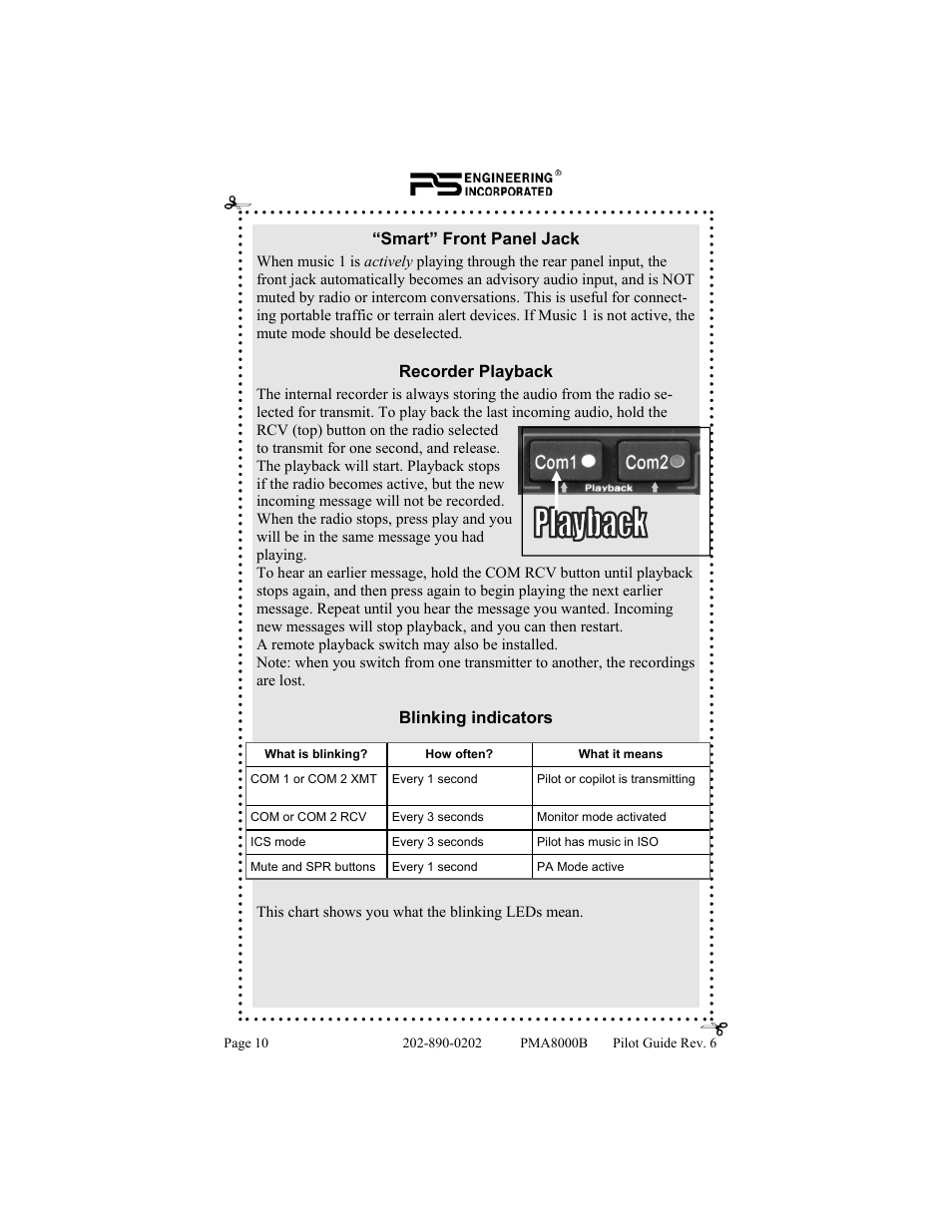 Smart” front panel jack, Recorder playback, Blinking indicators | PS Engineering PMA8000B Pilot’s Guide User Manual | Page 10 / 16