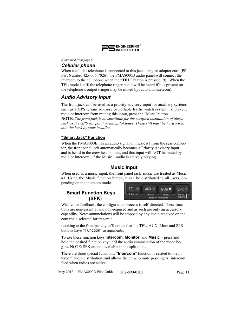 Cellular phone, Audio advisory input, Music input | Smart function keys (sfk) | PS Engineering PMA8000B Pilot’s Guide User Manual | Page 11 / 16