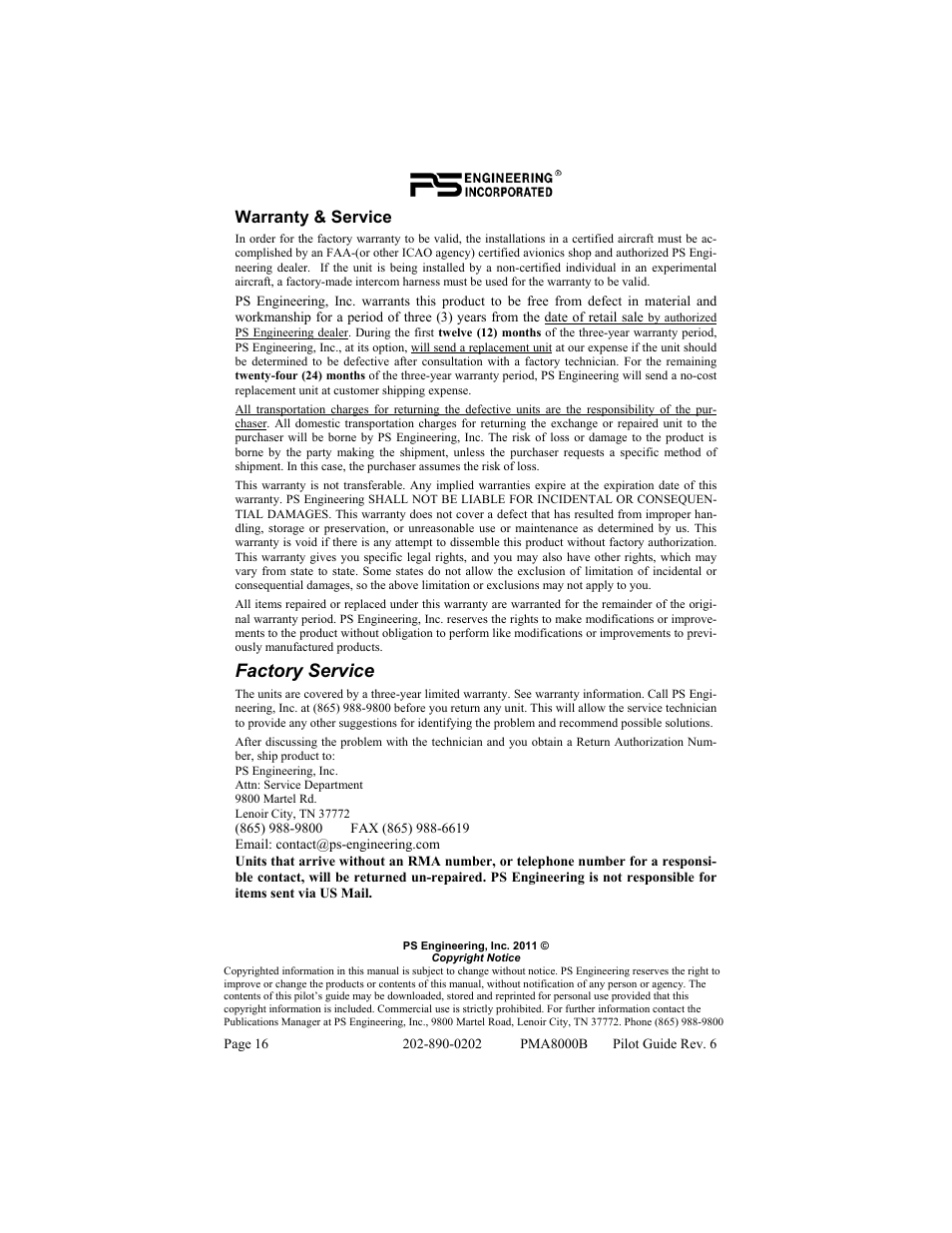 Factory service | PS Engineering PMA8000B Pilot’s Guide User Manual | Page 16 / 16