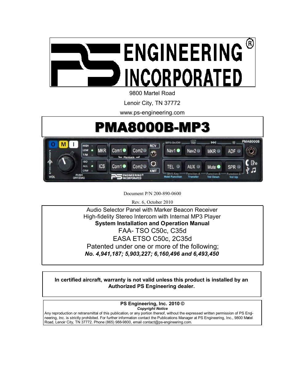 PS Engineering PMA8000MP3 Installation Manual User Manual | 41 pages