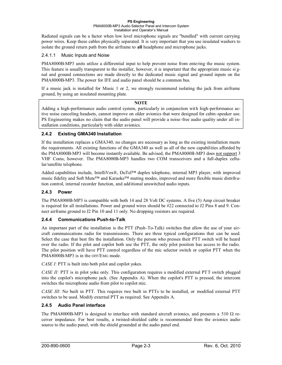 Existing gma340 installation, Power, Communications push-to-talk | Audio panel interface, Xisting, Gma340, Nstallation, Ower, Ommunications, Udio | PS Engineering PMA8000MP3 Installation Manual User Manual | Page 10 / 41