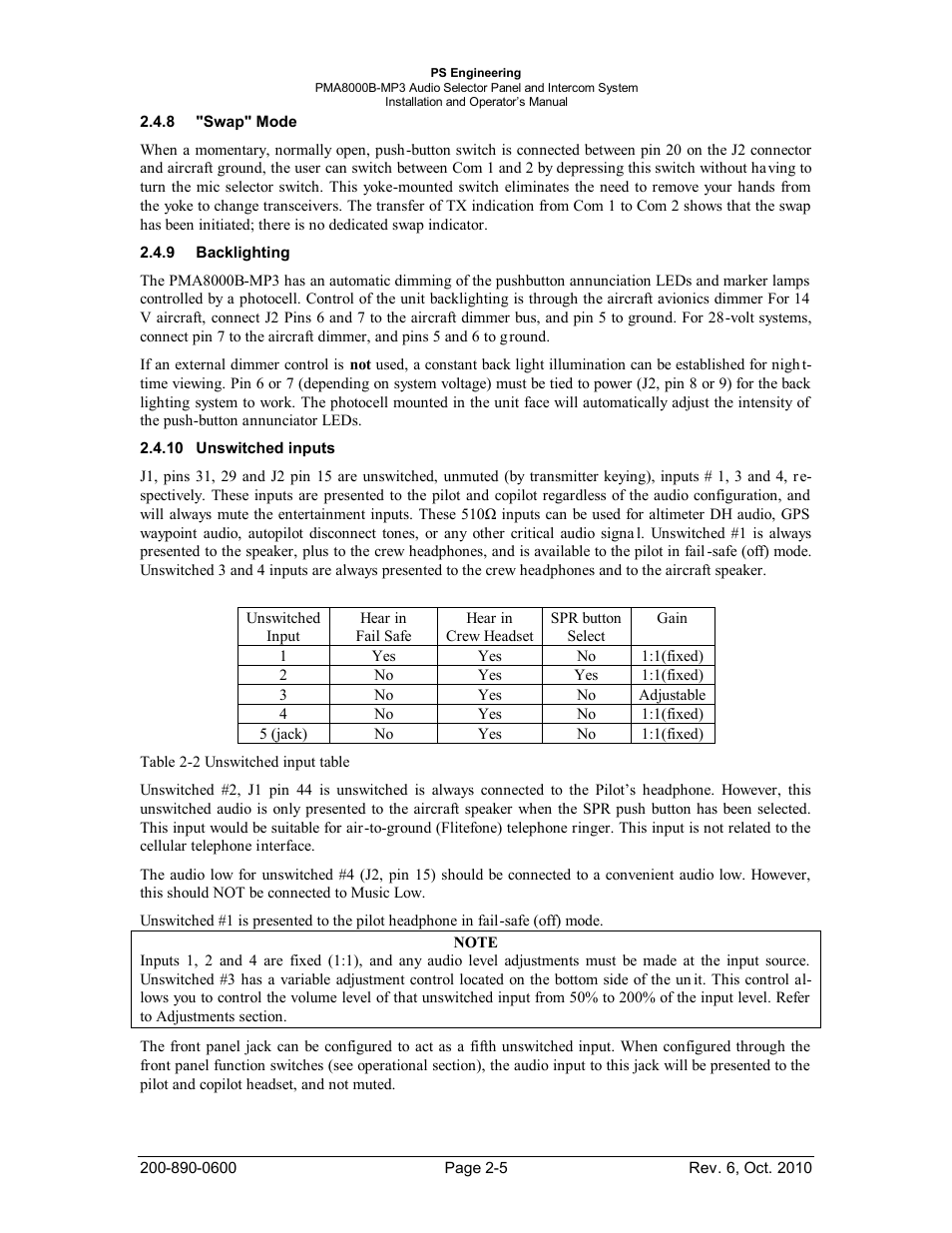 Swap" mode, Backlighting, Unswitched inputs | Acklighting, Nswitched inputs | PS Engineering PMA8000MP3 Installation Manual User Manual | Page 12 / 41