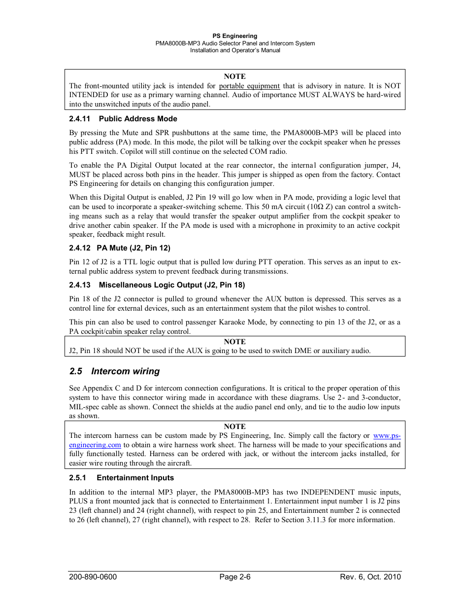 Public address mode, Pa mute (j2, pin 12), Miscellaneous logic output (j2, pin 18) | Intercom wiring, Entertainment inputs, Ublic, Ddress, Iscellaneous, Ogic, Utput | PS Engineering PMA8000MP3 Installation Manual User Manual | Page 13 / 41