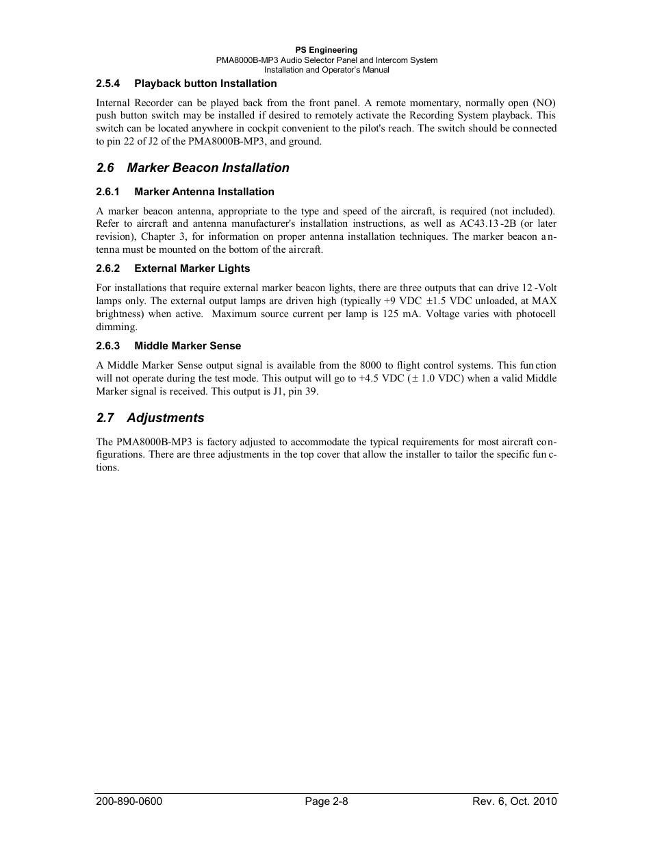 Playback button installation, Marker beacon installation, Marker antenna installation | External marker lights, Middle marker sense, Adjustments, Layback button, Nstallation, Arker, Eacon | PS Engineering PMA8000MP3 Installation Manual User Manual | Page 15 / 41