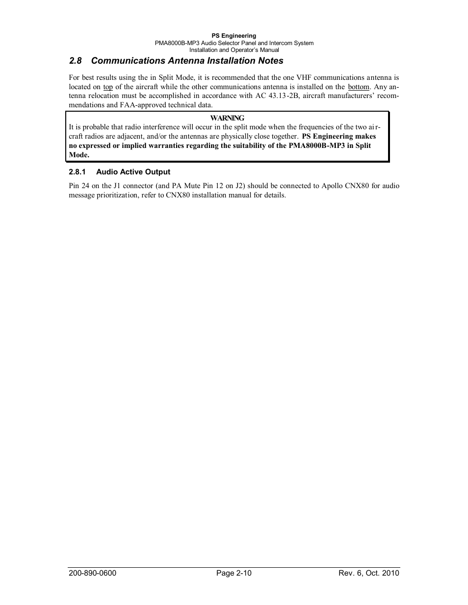 Communications antenna installation notes, Audio active output, Ommunications | Ntenna, Nstallation, Otes, Udio, Ctive, Utput | PS Engineering PMA8000MP3 Installation Manual User Manual | Page 17 / 41