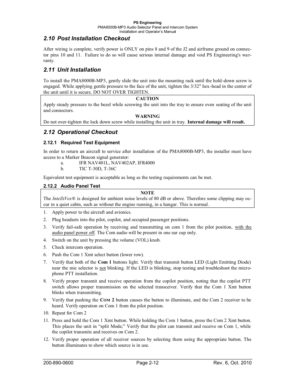 Post installation checkout, Unit installation, Operational checkout | Required test equipment, Audio panel test, Nstallation, Heckout, Perational, Equired, Quipment | PS Engineering PMA8000MP3 Installation Manual User Manual | Page 19 / 41