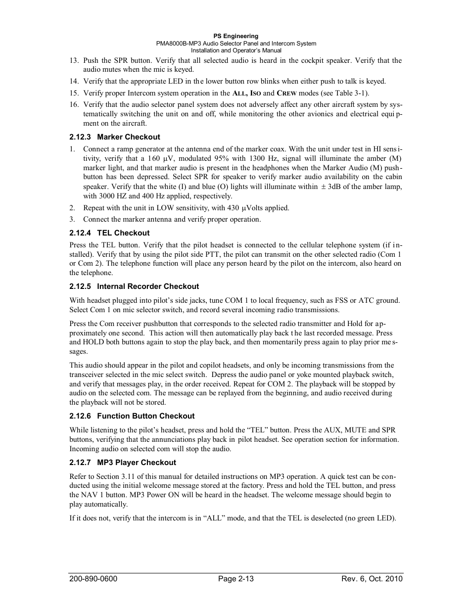 Marker checkout, Tel checkout, Internal recorder checkout | Function button checkout, Mp3 player checkout, Arker, Heckout, Nternal, Ecorder, Unction | PS Engineering PMA8000MP3 Installation Manual User Manual | Page 20 / 41