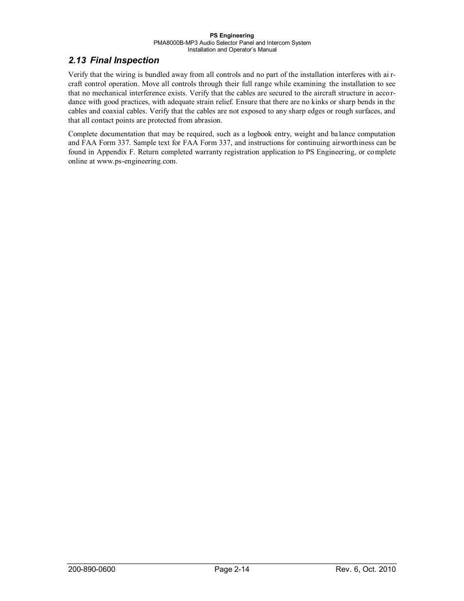 Final inspection, Inal, Nspection | 13 final inspection | PS Engineering PMA8000MP3 Installation Manual User Manual | Page 21 / 41