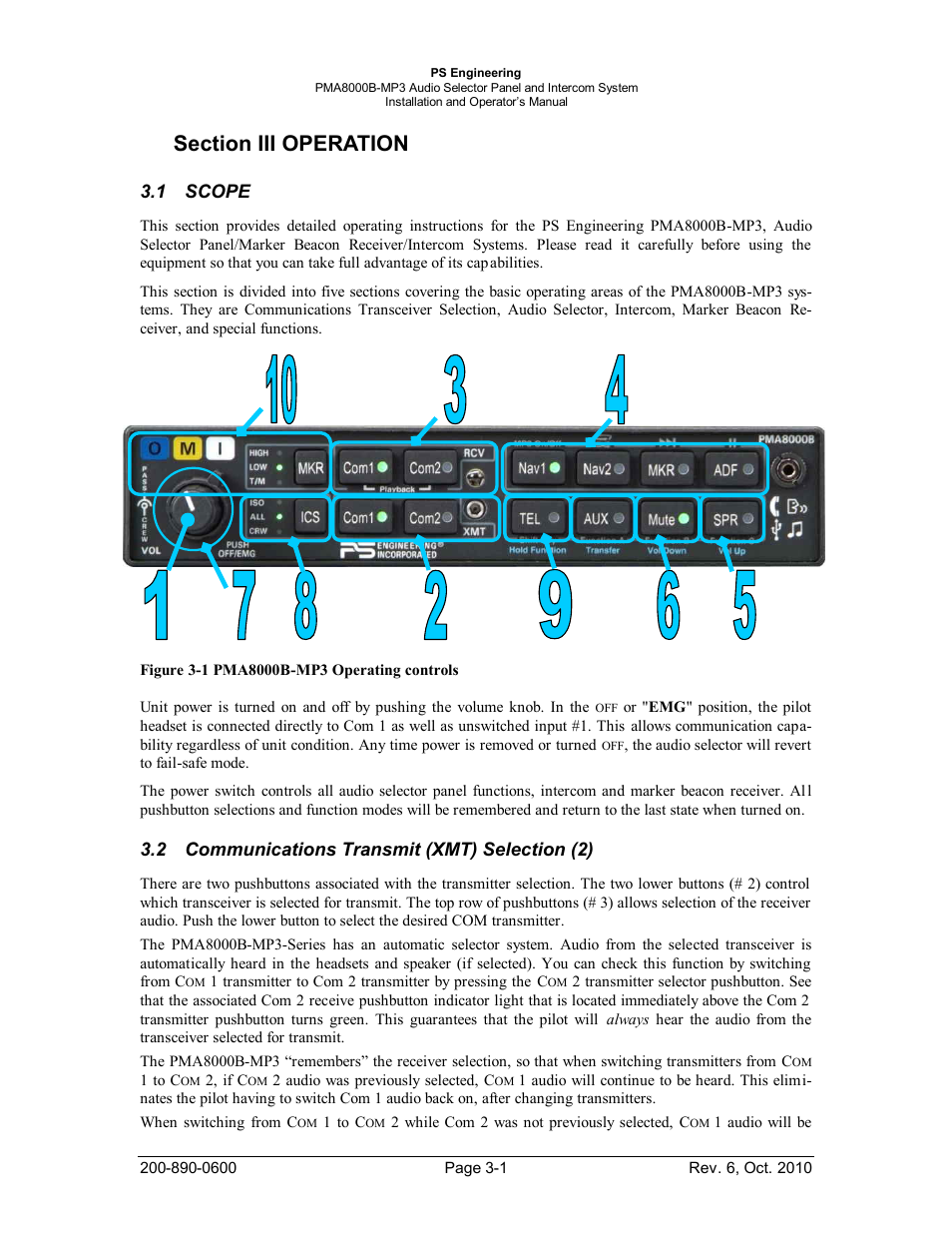 Section iii operation, Scope, Communications transmit (xmt) selection (2) | Section iii operation -1, Scope -1, Ommunications, Ransmit, Xmt), Election, 1 scope | PS Engineering PMA8000MP3 Installation Manual User Manual | Page 22 / 41