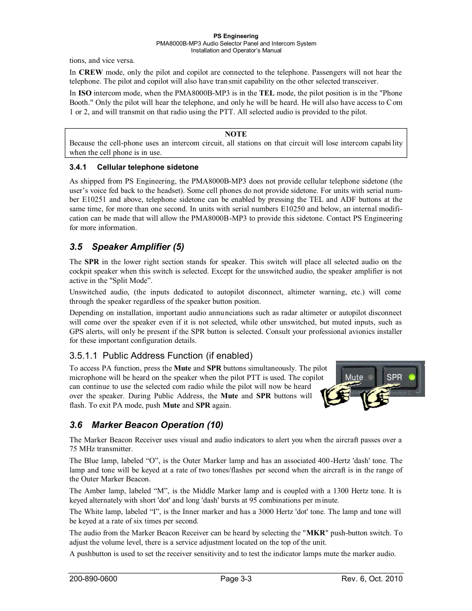 Cellular telephone sidetone, Speaker amplifier (5), Marker beacon operation (10) | Ellular telephone sidetone, Peaker, Mplifier, Arker, Eacon, Peration | PS Engineering PMA8000MP3 Installation Manual User Manual | Page 24 / 41