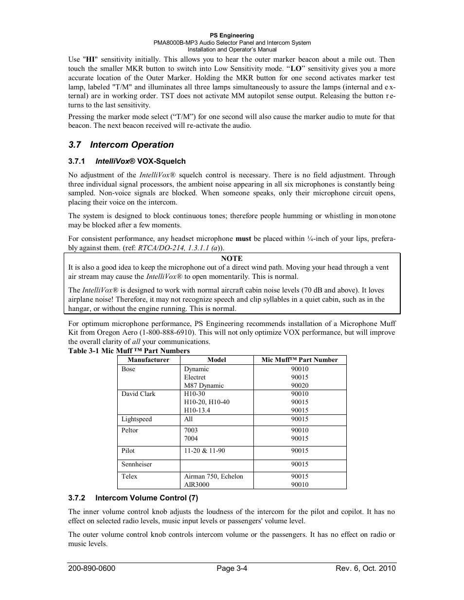 Intercom operation, Intellivox® vox-squelch, Intercom volume control (7) | Ntercom, Peration, Ntelli, Vox-s, Quelch, Olume, Ontrol | PS Engineering PMA8000MP3 Installation Manual User Manual | Page 25 / 41