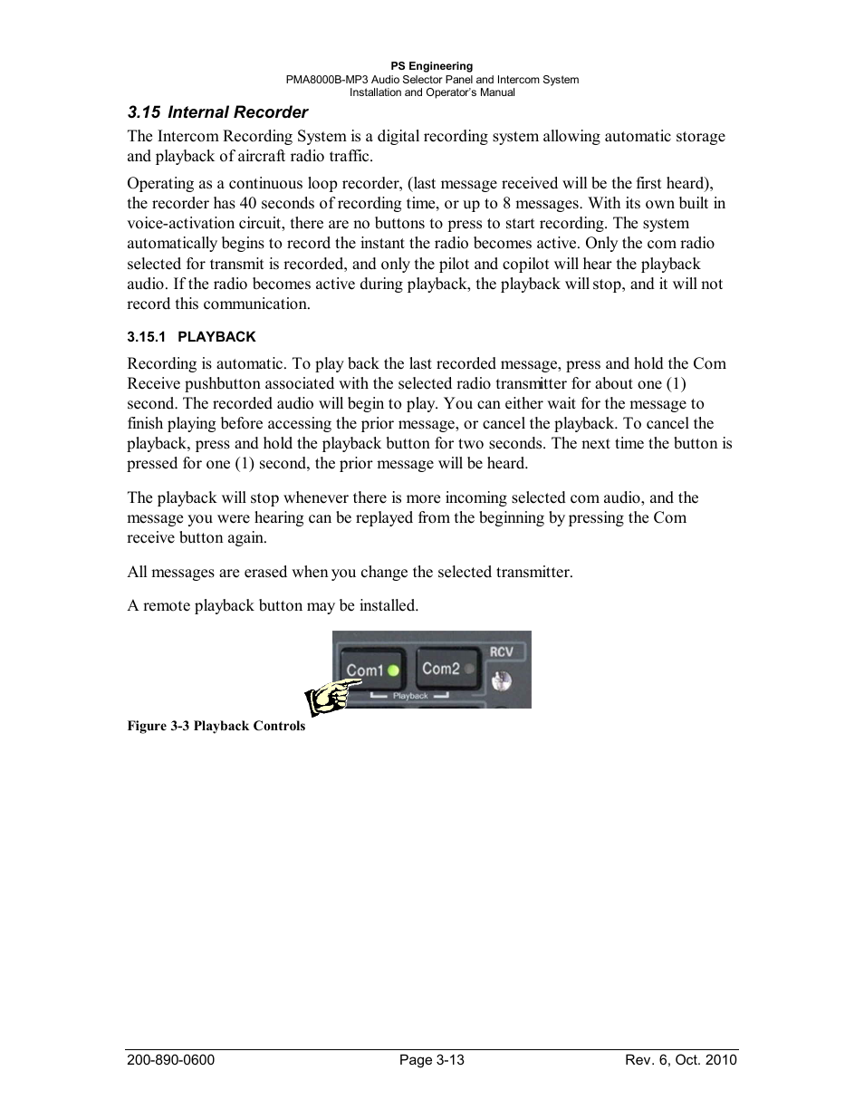 Internal recorder, Playback, Nternal | Ecorder, Playback -13 | PS Engineering PMA8000MP3 Installation Manual User Manual | Page 34 / 41