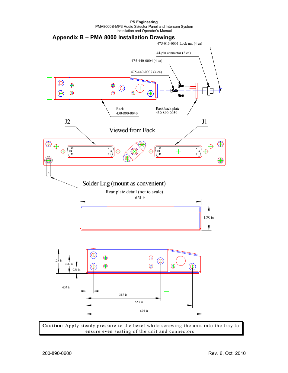 Appendix b – pma 8000 installation drawings, J2 j1 viewed from back, Solder lug (mount as convenient) | PS Engineering PMA8000MP3 Installation Manual User Manual | Page 37 / 41
