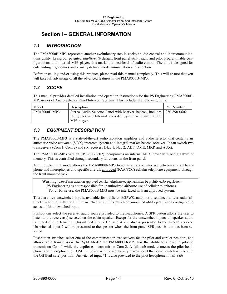 Section i – general information, 1introduction, 2scope | 3equipment description, Section i – general information -1, Introduction -1, Scope -1, Equipment, Description -1 | PS Engineering PMA8000MP3 Installation Manual User Manual | Page 4 / 41