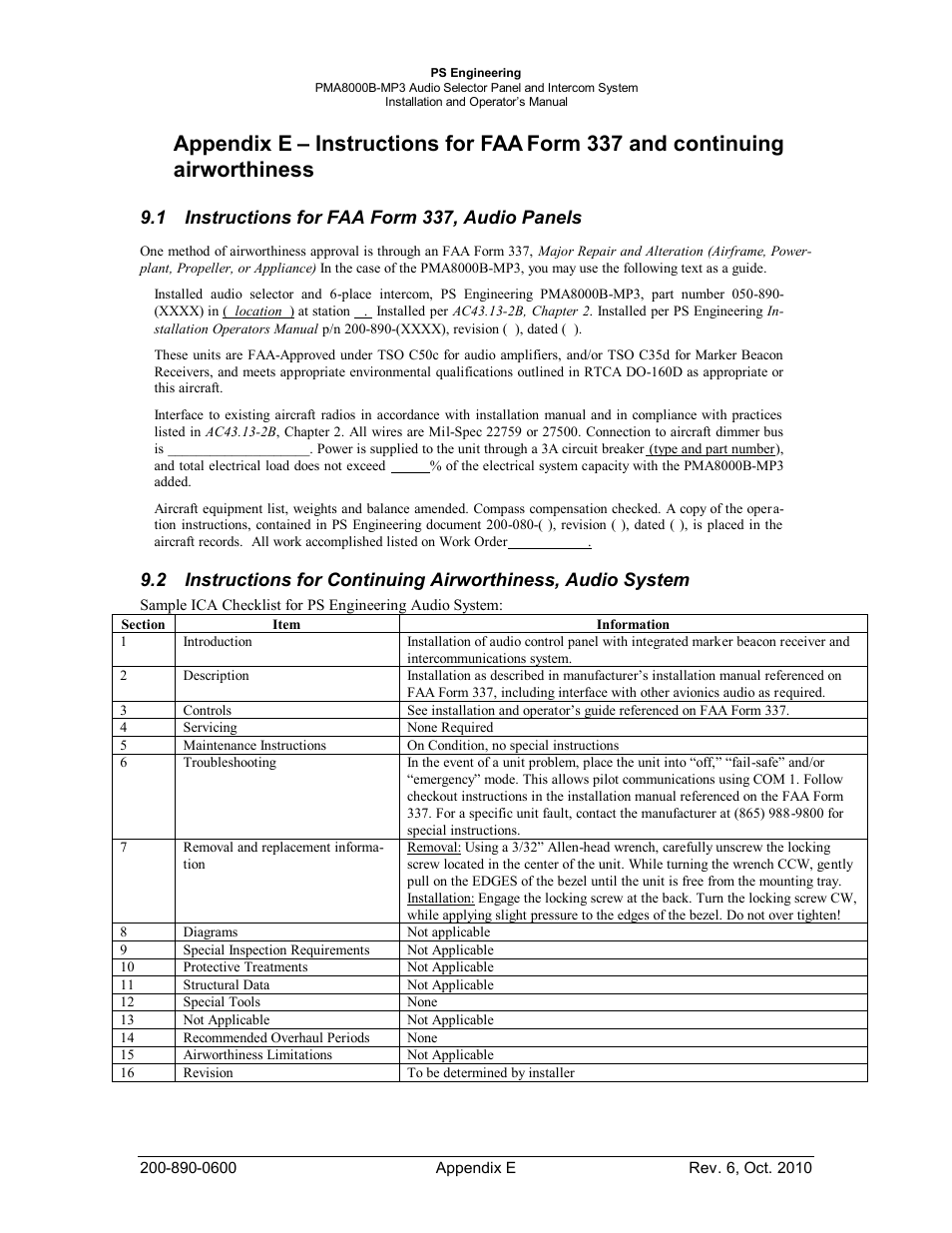 Instructions for faa form 337, audio panels, 1 instructions for faa form 337, audio panels | PS Engineering PMA8000MP3 Installation Manual User Manual | Page 40 / 41