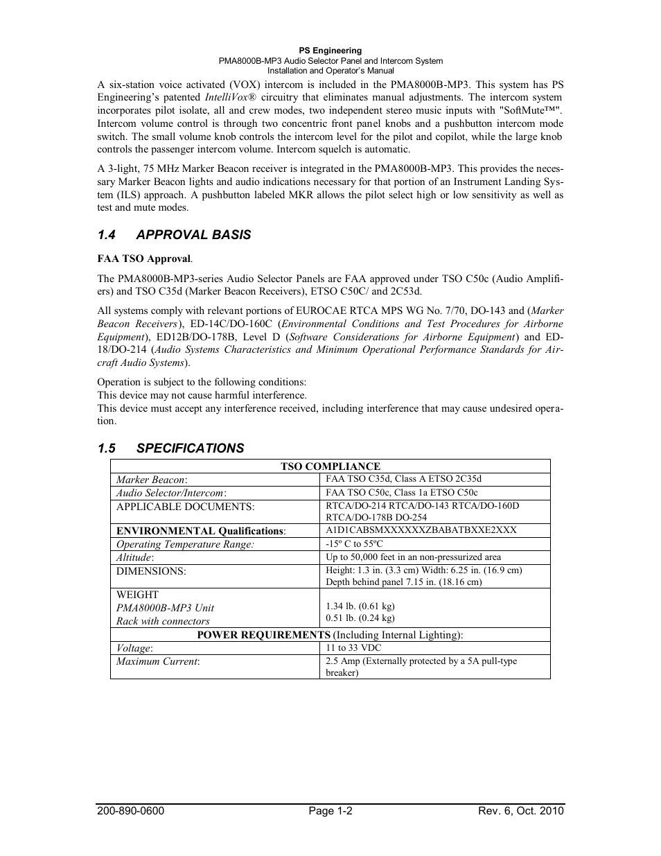 Approval basis, 5specifications, Approval | Basis -2, Specifications -2 | PS Engineering PMA8000MP3 Installation Manual User Manual | Page 5 / 41