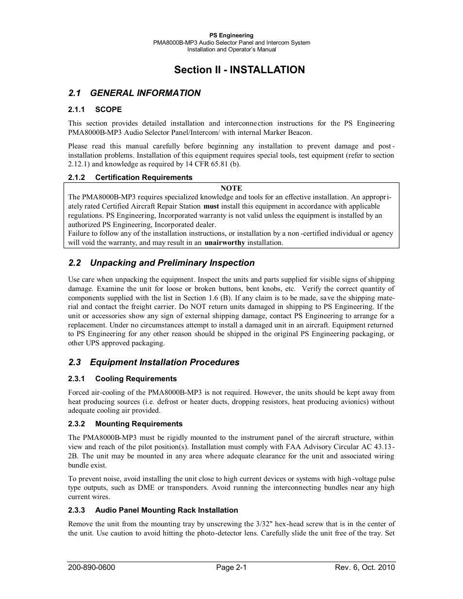 Section ii - installation, General information, Scope | Certification requirements, Unpacking and preliminary inspection, Equipment installation procedures, Cooling requirements, Mounting requirements, Audio panel mounting rack installation, Section ii - installation -1 | PS Engineering PMA8000MP3 Installation Manual User Manual | Page 8 / 41
