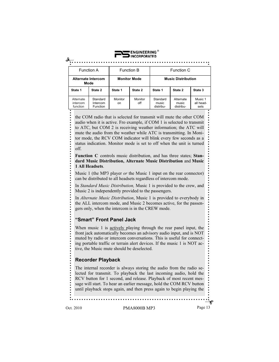 Smart” front panel jack, Recorder playback | PS Engineering PMA8000MP3 Pilot’s Guide User Manual | Page 13 / 24