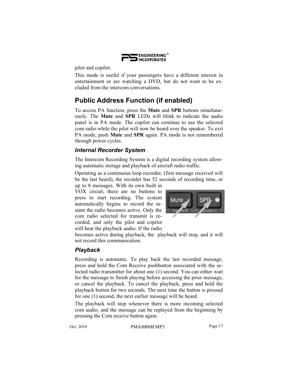 Public address function (if enabled) | PS Engineering PMA8000MP3 Pilot’s Guide User Manual | Page 17 / 24