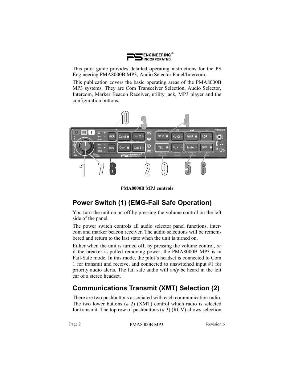 Power switch (1) (emg-fail safe operation), Communications transmit (xmt) selection (2) | PS Engineering PMA8000MP3 Pilot’s Guide User Manual | Page 2 / 24