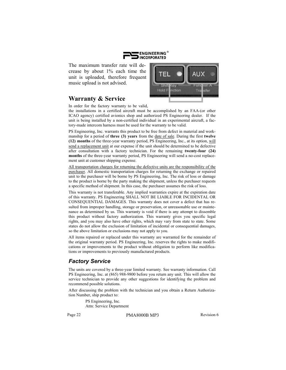 Warranty & service | PS Engineering PMA8000MP3 Pilot’s Guide User Manual | Page 22 / 24