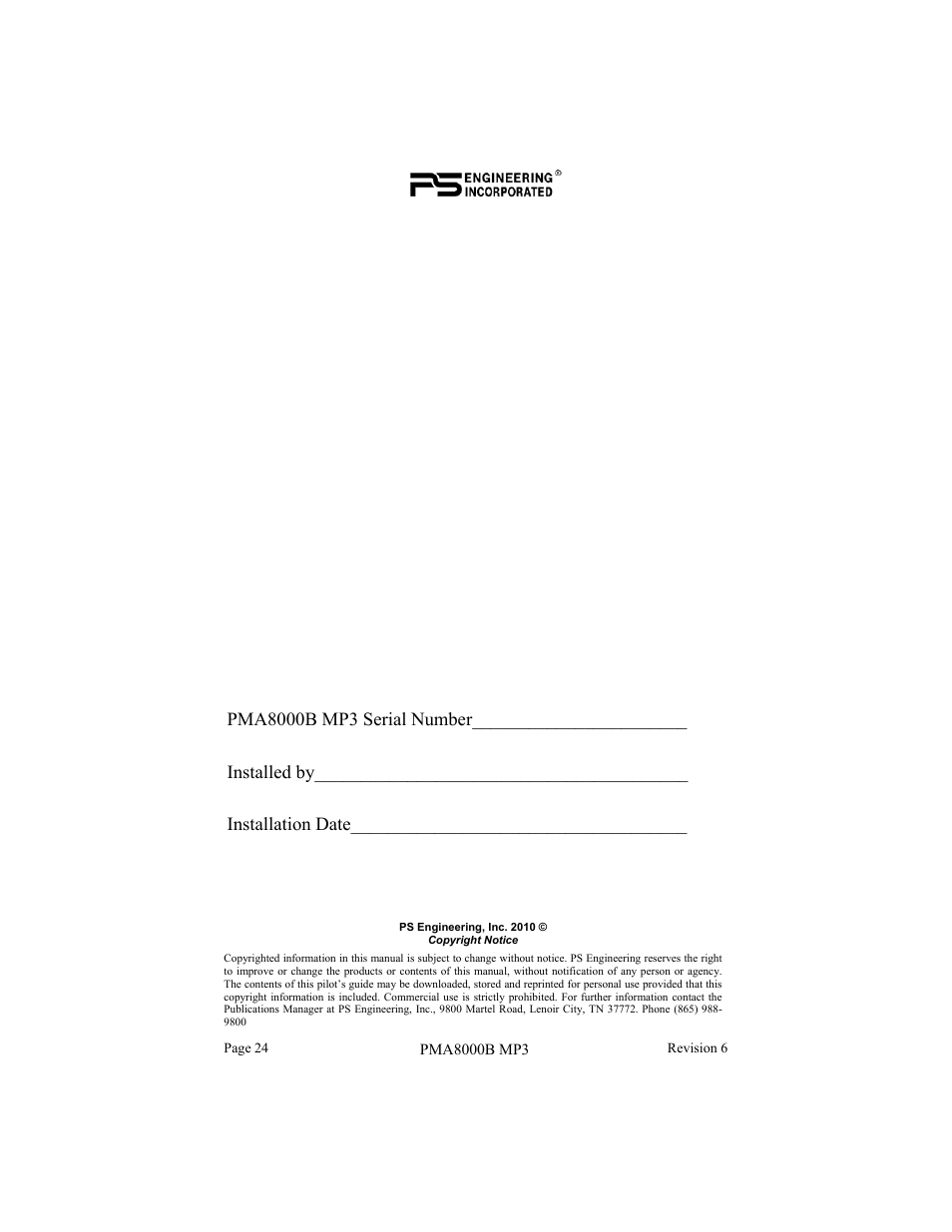 PS Engineering PMA8000MP3 Pilot’s Guide User Manual | Page 24 / 24